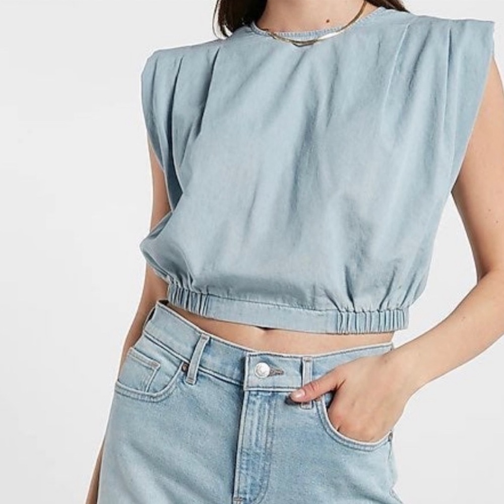 Express Denim Cropped Padded Shoulder Top - Small
